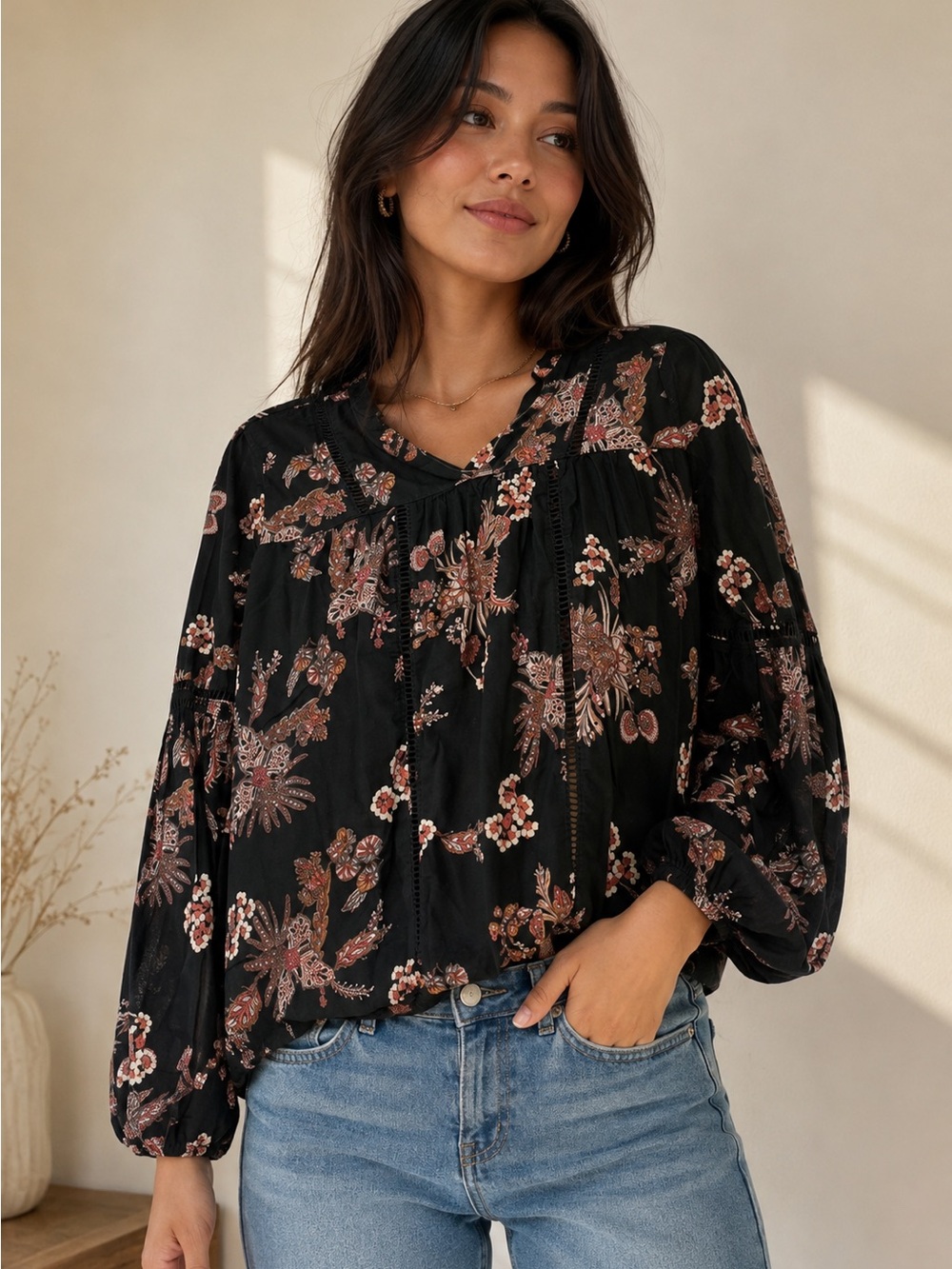 Vero Moda Black cotton Floral Long Sleeve Blouse
